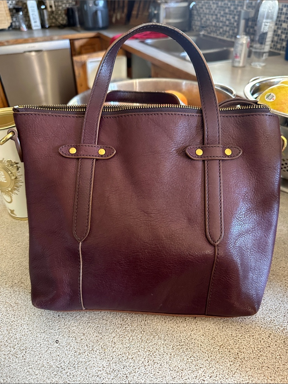 Fossil Burgundy Leather Tote with Gold Hardware